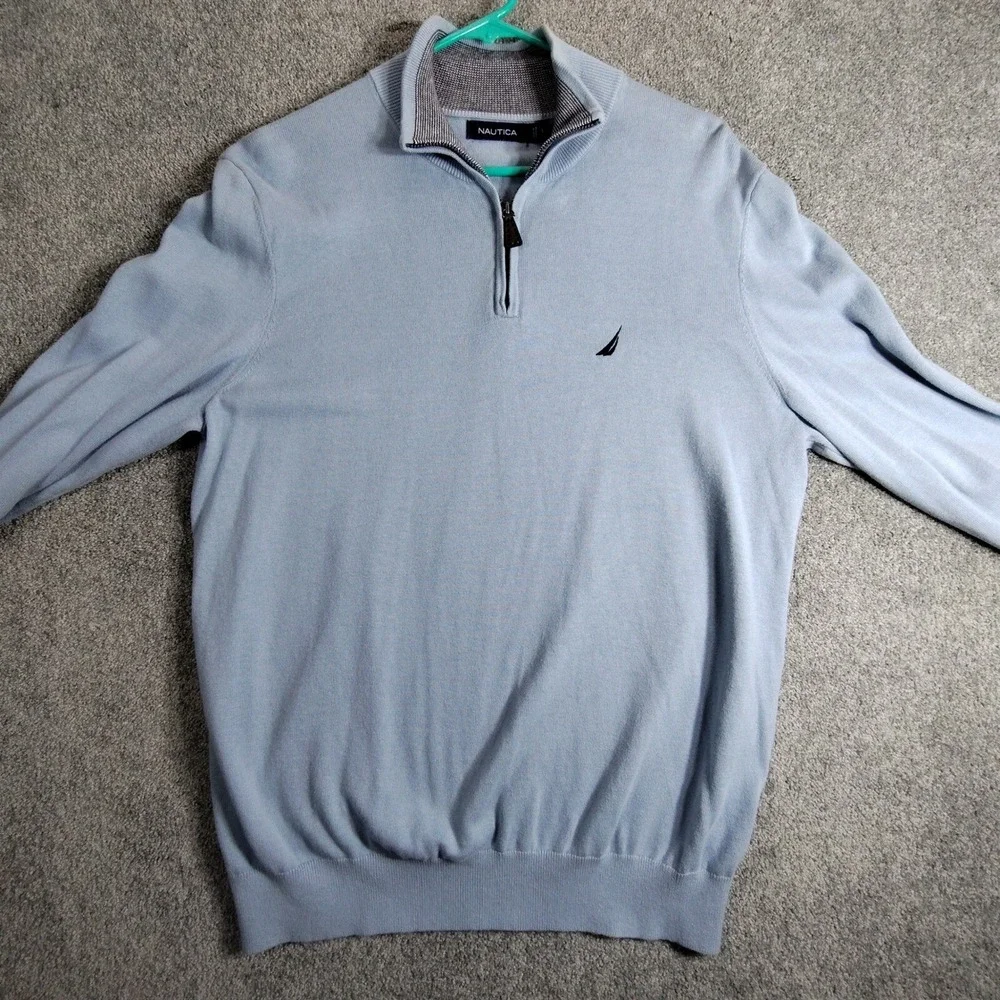 Nautica Mens Light Blue 1/4 Zip Pullover Cotton Sweater S3720T Size L